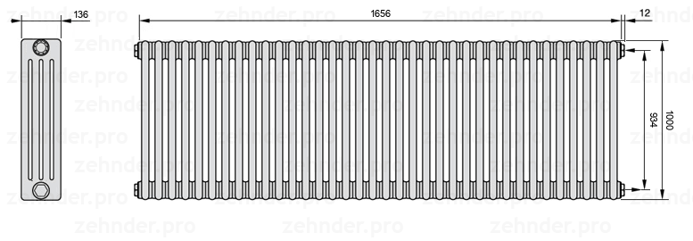 Схема (чертеж) Радиатор Zehnder Charleston 4100/36 №7610 Белый глянцевый RAL 9016